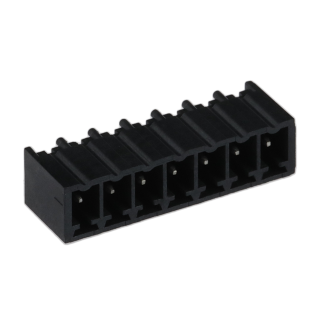 691701310007B 7-position, 3.81mm pitch terminal block header from Würth Elektronik with male pins and shrouded design. Rated for 10A (cULus) and 250V (VDE).