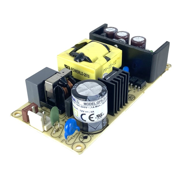 QPS-35-24 The Qualtek QPS-35-24 is an open frame AC/DC converter delivering 36W of power with a 24V output. It features universal input and chassis mounting.