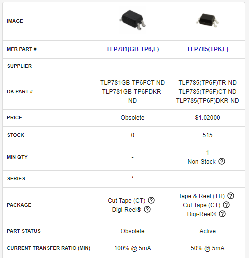TLP781(GB-TP6,F) The Toshiba TLP781(GB-TP6,F) is an optoisolator designed for transistor, photovoltaic output applications. It features RoHS3 compliance and an MSL 1 rating.
