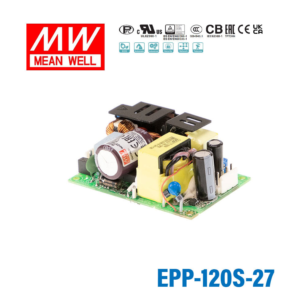 EPP-120S-27 The Mean Well EPP-120S-27 is a 120W AC/DC power supply with a 27V output voltage and 4.44A rated current. It features an open frame design for chassis mounting.