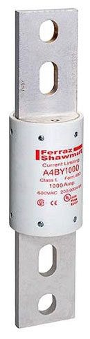 A4BY1000 Gould A4BY1000 is a 1000A Class L time-delay fuse rated 600V AC and 300V DC with a 200kA AC interrupting rating. It features a bolt-on blade terminal design with a GMG insulating body.