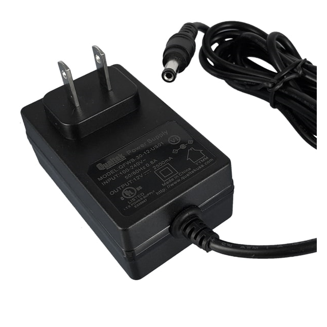 QFWB-30-5-US01 The Qualtek QFWB-30-5-US01 is an 18W AC/DC wall mount adapter with a 5V output. It features Level VI efficiency and a NEMA 1-15P input connector.