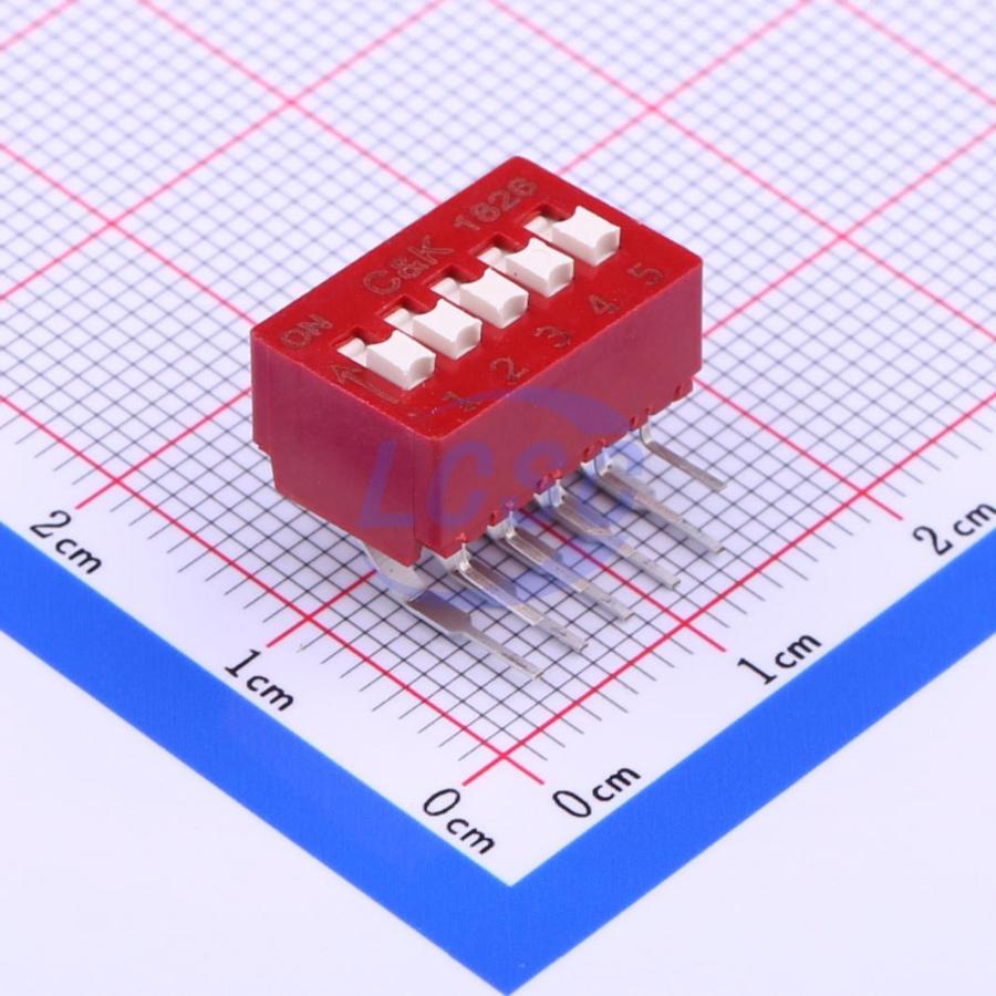 BD05AV The C&K Components BD05AV is a 5-position SPST DIP switch with a 100mA at 5VDC rating. It features through-hole, right-angle mounting and gold contact finish.