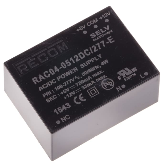 RAC04-0512DC/277-E The Recom RAC04-0512DC/277-E is a 4W switching power supply providing a 12V DC output. It operates with an input voltage range of 80V AC to 264V AC.