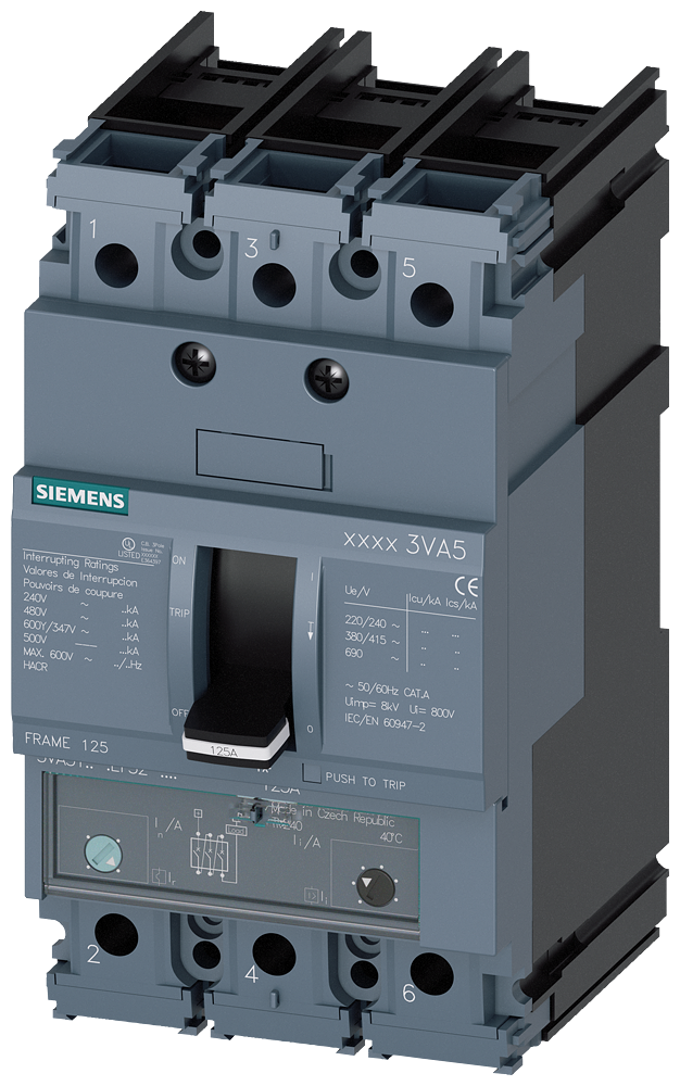 3VA5140-5EF32-0AA0 The Siemens 3VA5140-5EF32-0AA0 is a 3-pole molded-case circuit breaker rated for 40A and 690V. It features a TM240 trip unit with adjustable overload and short-circuit protection.