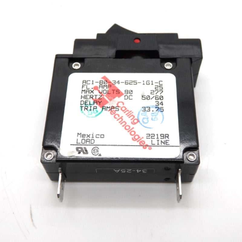 AC1-B0-34-625-1G1-C The Littelfuse Inc. AC1-B0-34-625-1G1-C is a 1-pole circuit breaker. It features a 25A current rating and a 277VAC voltage rating.