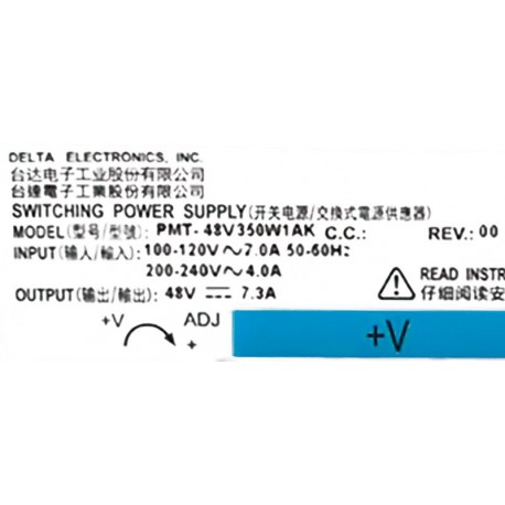 PMT-48V350W1AK The Delta Electronics PMT-48V350W1AK is a 350W AC/DC converter with a 48V DC output and 7.3A current. It features adjustable output and load sharing capabilities.