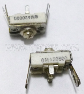 GMA20600 GMA20600 is a mica dielectric compression trimmer capacitor with a capacitance range of 25 to 115 pF and a working voltage of 175 V. It features a bracket mount design with top adjustment.