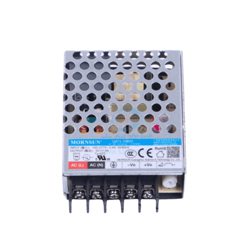 LM15-23B05 The Morning Star Industrial LM15-23B05 is an enclosed AC/DC converter delivering 15W of power with a 3A output current. It features 4kV isolation voltage and operates within a -30°C to 70°C temperature range.