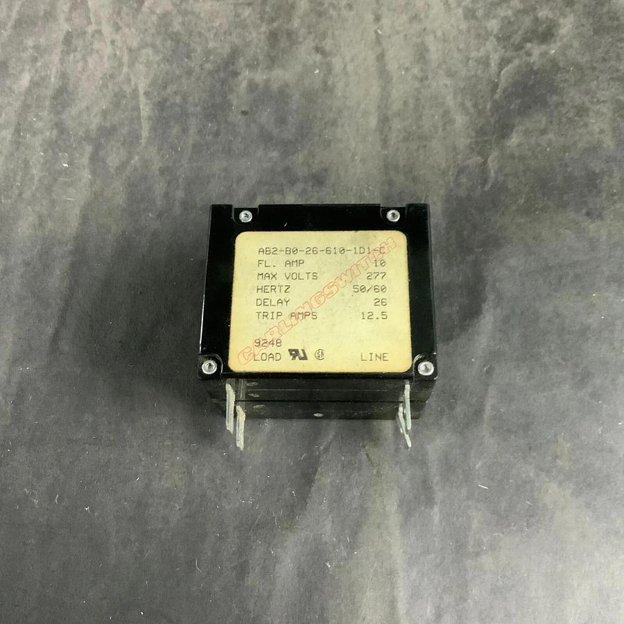 AB2-B0-26-610-1D1-C The Littelfuse Inc. AB2-B0-26-610-1D1-C is a 2-pole circuit breaker rated for 10A and 277V. It features a magnetic (hydraulic delay) trip mechanism and panel mount.