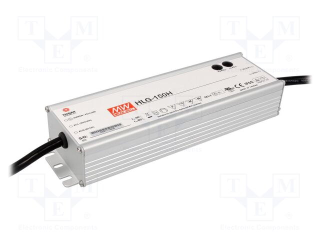 HLG-150H-12A The HLG-150H-12A is a 150W LED driver from Mean Well USA with constant current and constant voltage output. It delivers 12.5A at 10.8-13.5V, features IP65 ingress protection, and includes OCP, OTP, OVP, and SCP protections.