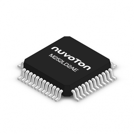 M252LD2AE The Nuvoton M252LD2AE is an ARM Cortex-M23 microcontroller with 64KB of Flash memory and 12KB of RAM. It operates at speeds up to 48MHz and supports a wide voltage range.