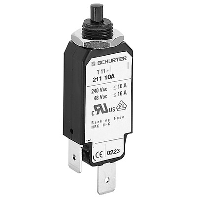 4400.0017 The Schurter Inc. 4400.0017 is a 1-pole thermal circuit breaker designed for panel mounting. It features a 16A current rating and supports 240VAC or 48VDC.