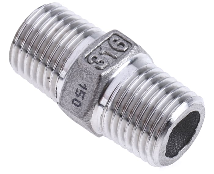499-2931 This RS PRO straight hexagon nipple pipe fitting features 1/4 in male connections on both ends and is constructed from durable 316 stainless steel. It is rated for 150 lb pressure.
