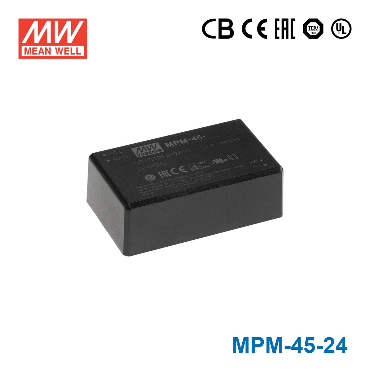 MPM-45-24 The Mean Well MPM-45-24 is a 45.1W open-frame AC DC power supply. It provides a 24V output at 1.88A and operates from an 80-264VAC input range.