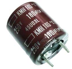KMH250VN181M22X25T2 This Nippon Chemi-Con KMH series radial snap-in electrolytic capacitor offers 180µF capacitance and a 250V voltage rating. It is designed for operation up to 105°C.