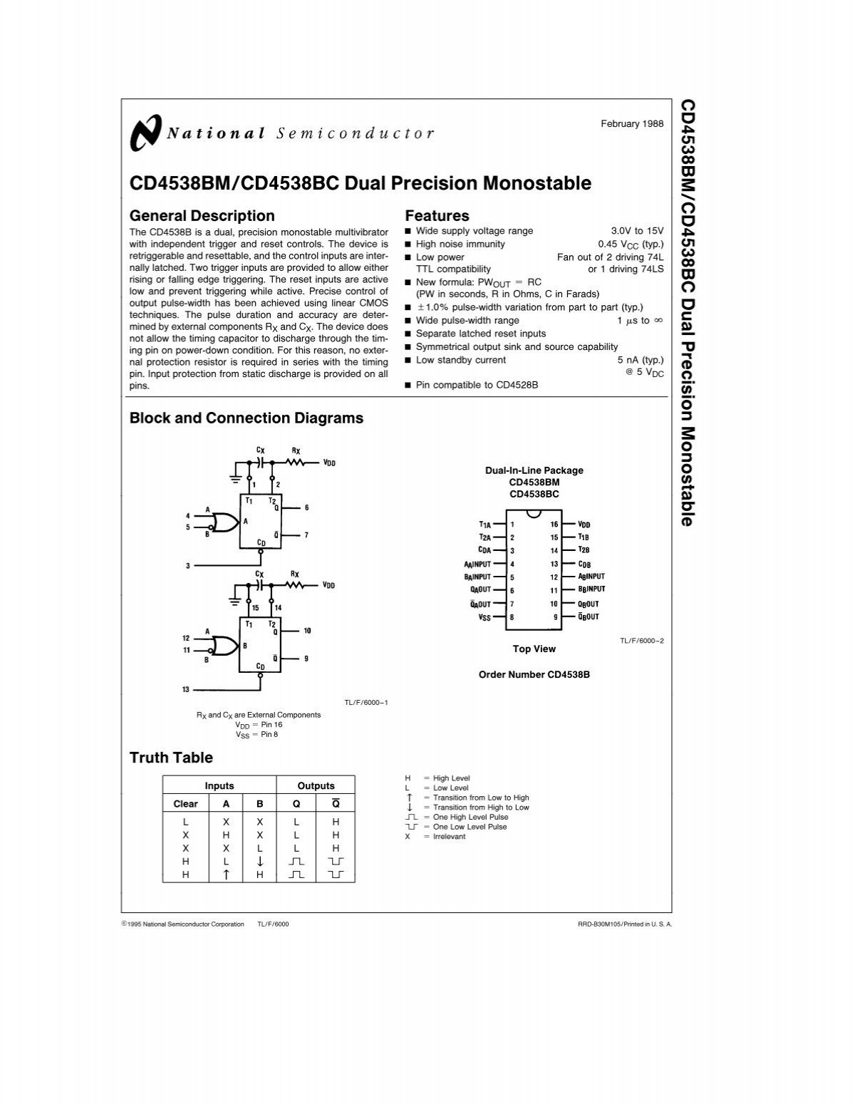 CD4538BM The CD4538BM is a dual precision monostable multivibrator from Texas Instruments. It offers a wide supply voltage range and precise pulse-width control.