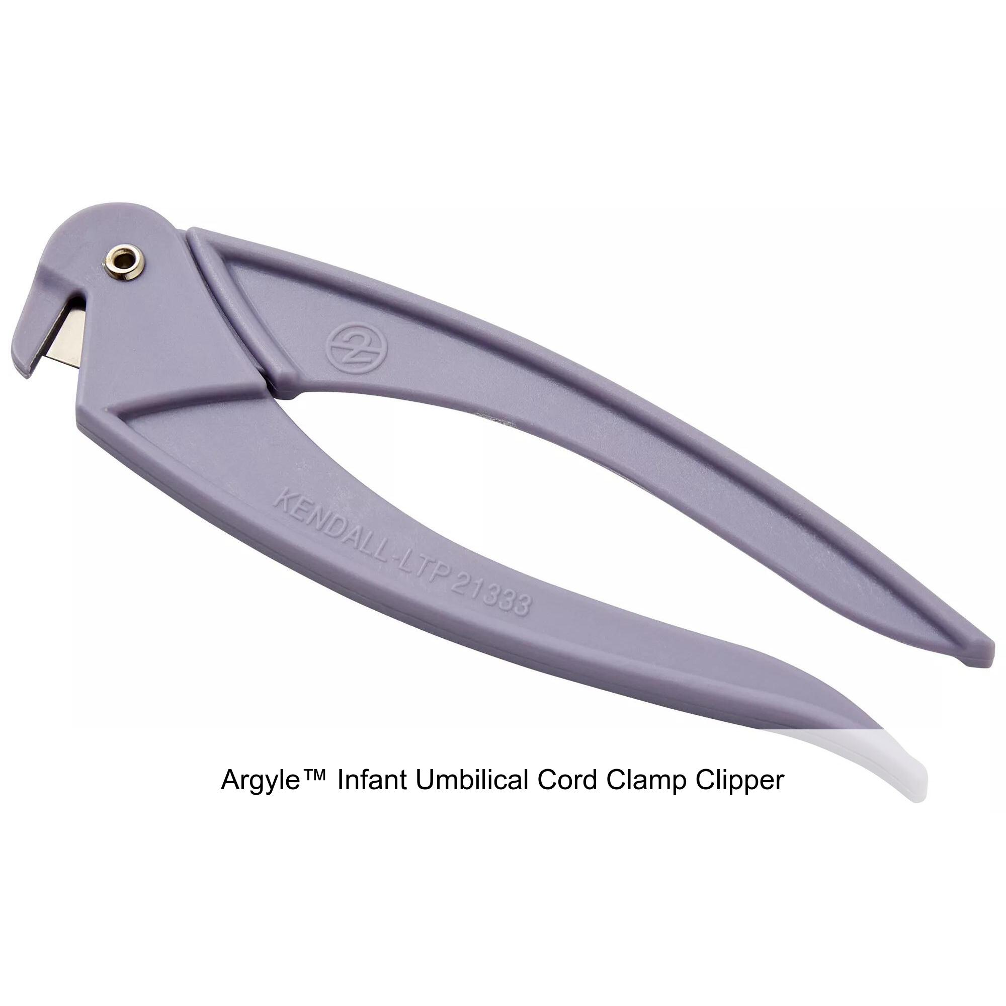 52000008 The Argyle Infant Umbilical Cord Clamp Clipper by Cardinal Health is a disposable, non-sterile tool used to remove umbilical clamps. It is compatible with all standard hinged clamps.