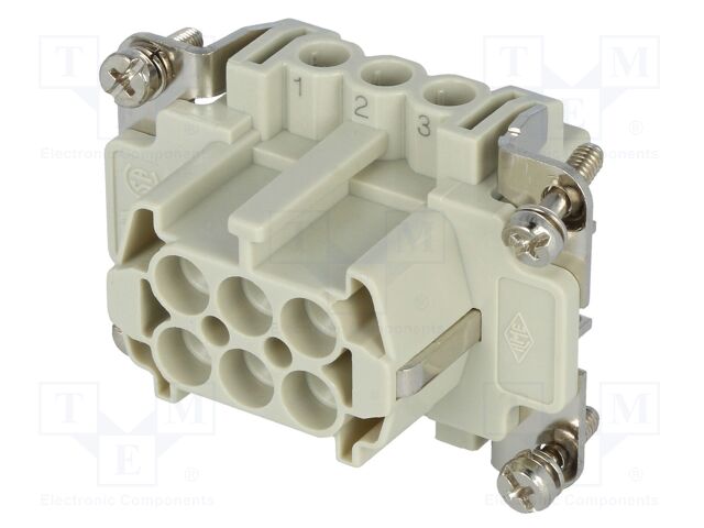 CNEF 06 T The ILME CNEF 06 T is a female HDC connector from the CNE series. It features 6 pins and is rated for 16A and 500V.