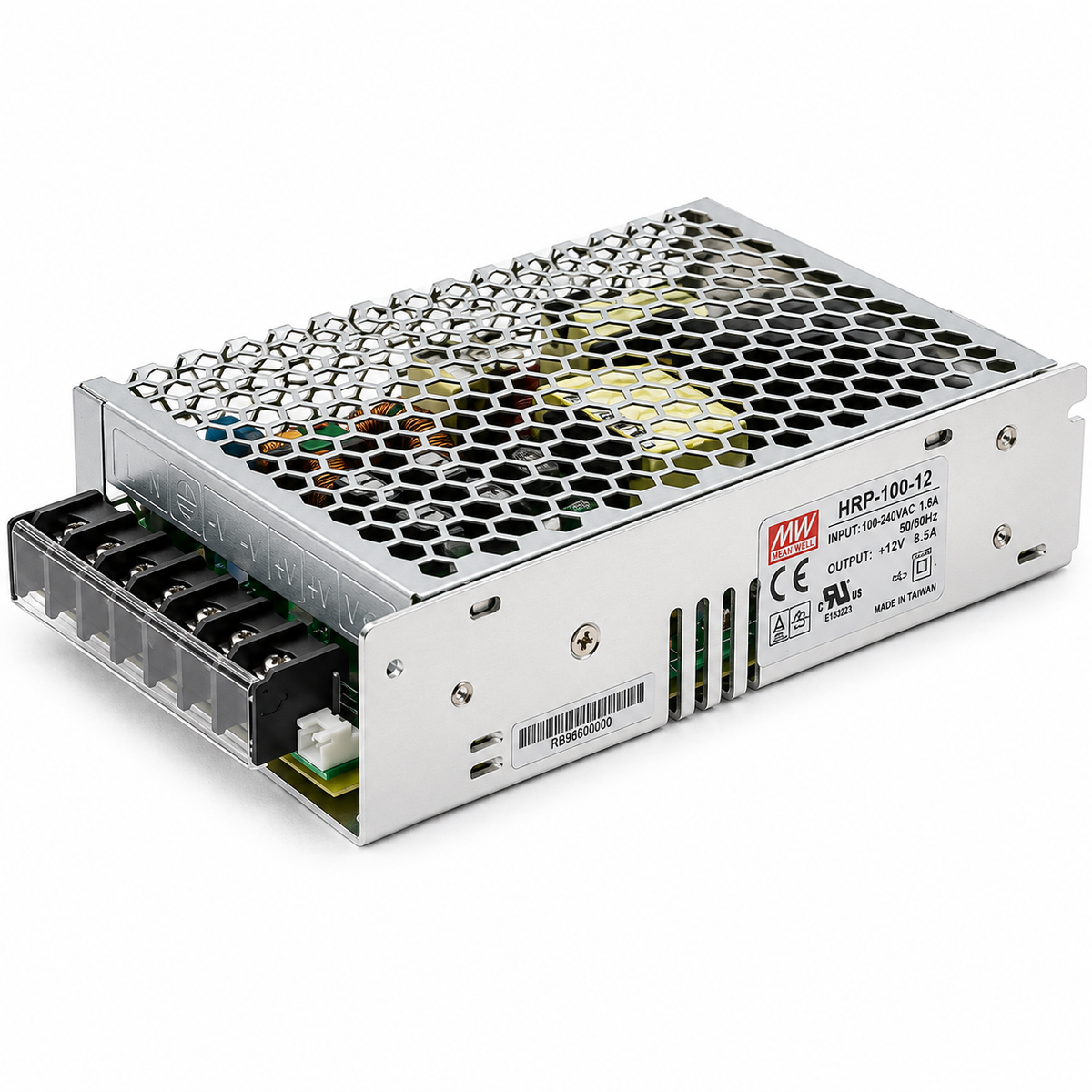 HRP-100-12 The Mean Well USA HRP-100-12 is an enclosed AC/DC converter delivering 102W of power at 12V. It features adjustable output, PFC, and remote On/Off functionality.
