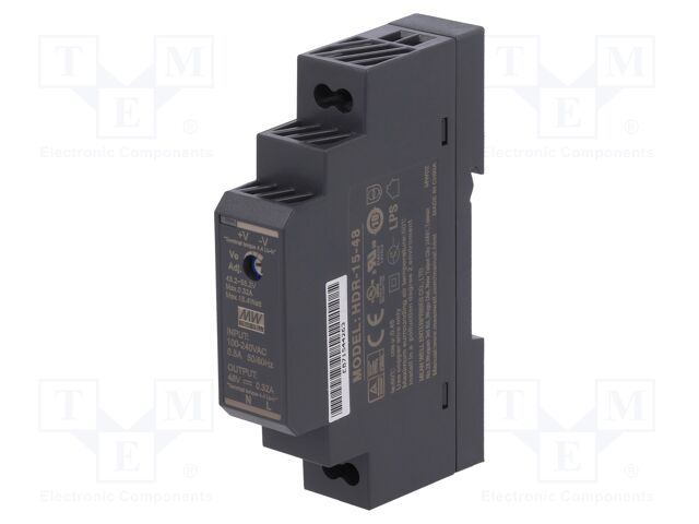 HDR-15-48 The HDR-15-48 is a 15W AC/DC DIN Rail power supply from Mean Well USA with a single 48V output at 320mA. It features universal input (85-264 VAC), 87% efficiency, and 4 kV isolation.