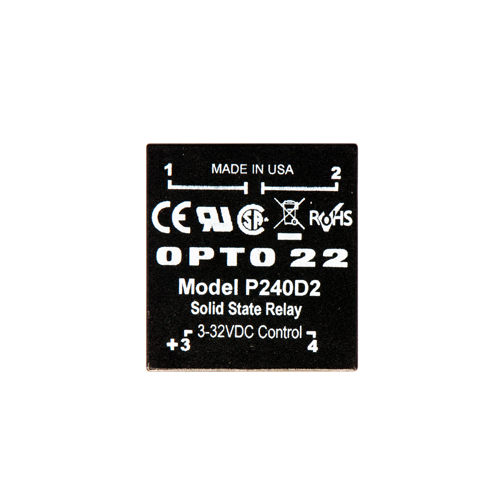 P240D2 The Opto 22 P240D2 is a DC-controlled P Series Solid State Relay designed for OEMs. It switches 240 VAC at up to 2 Amps and features a low-profile PCB mounting design.