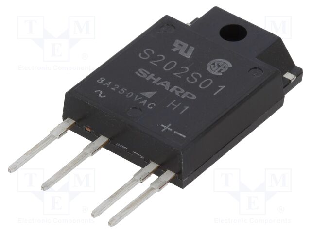 S202S01F The Sharp Microelectronics S202S01F is a solid state relay with an 8A output current and a 600V AC switching voltage. It features a 4kV isolation rating and comes in a SIP4 package.