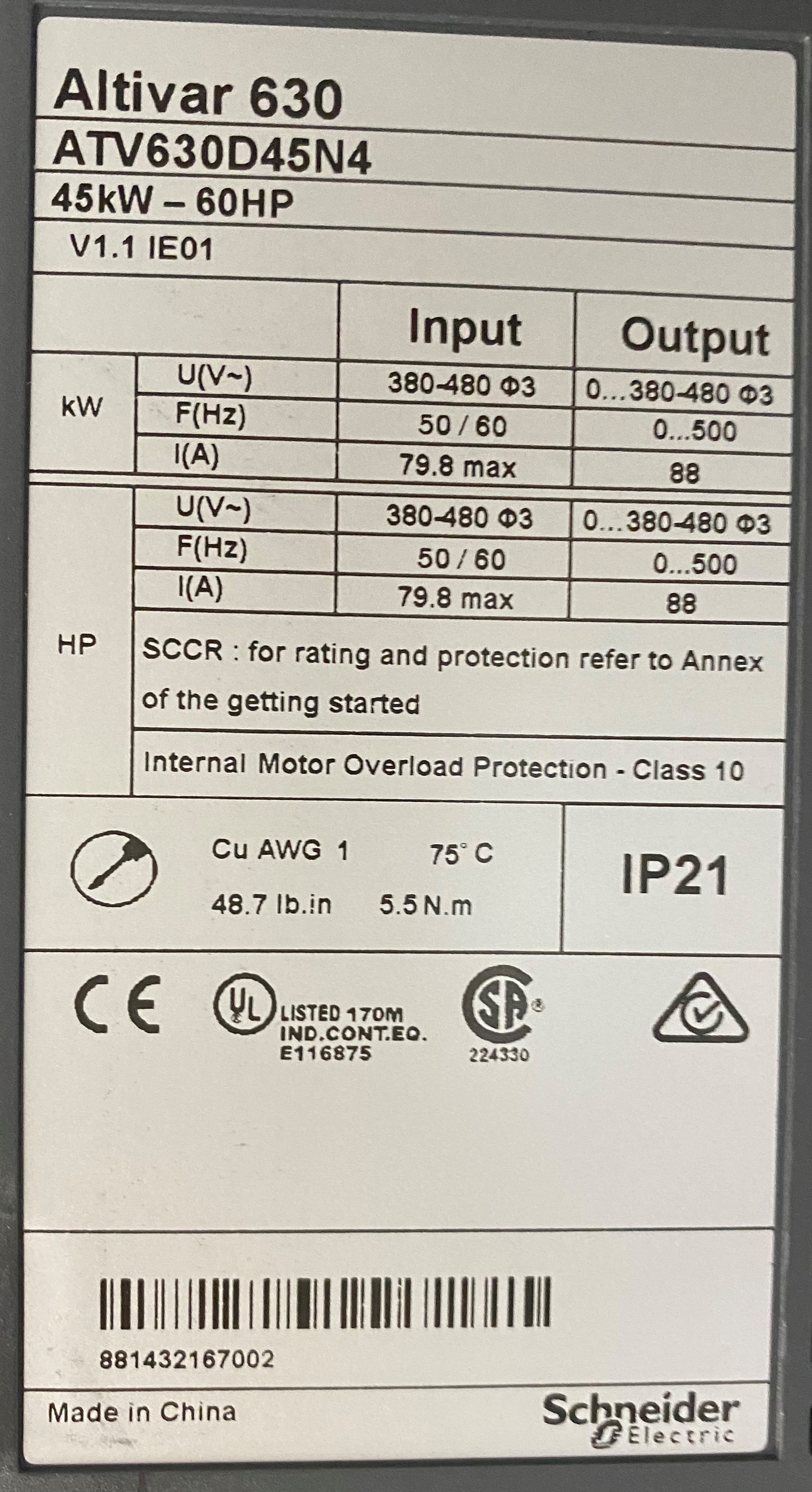 ATV630D45N4 The Schneider Electric ATV630D45N4 is a variable-speed drive from the Altivar Process 630 series. It offers a power rating of 45 kW (60 HP) and operates on a 380-480V supply.