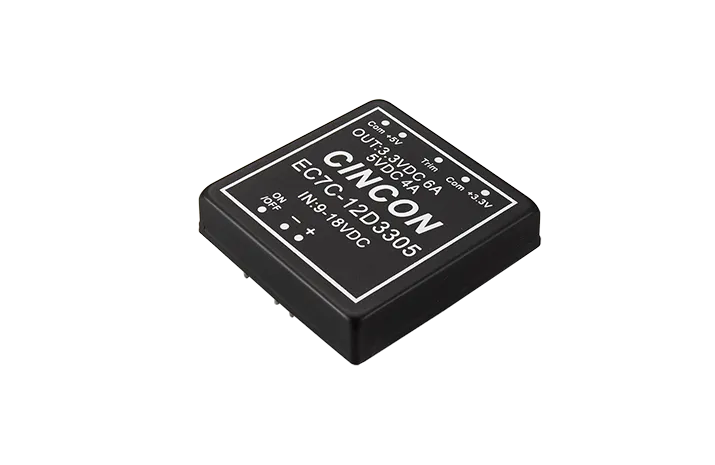EC7C-48S33 The Cincon EC7C-48S33 is a 40W DC-DC converter with a 2x2 inch metal case. It operates with an input voltage range of 18-36VDC and provides a regulated 2.5VDC output.