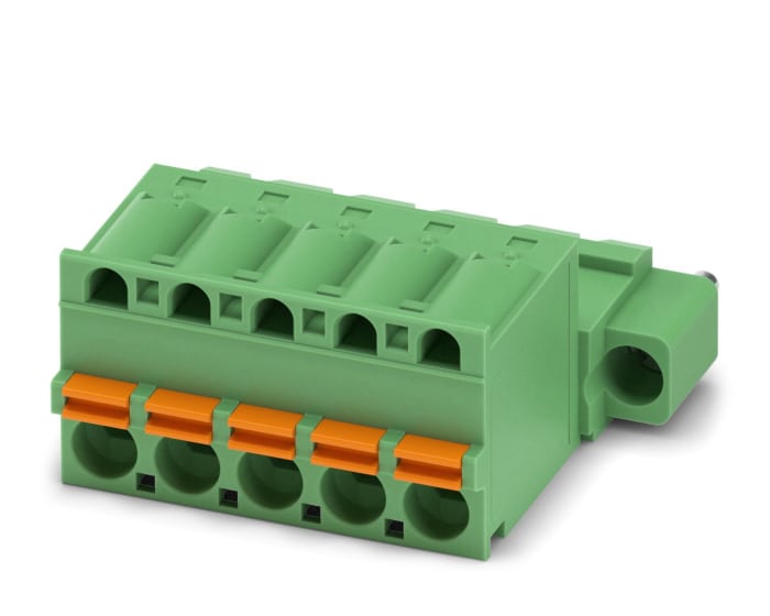 1873537 Phoenix Contact 1873537 is a 5-position terminal block plug with 5.08mm pitch, rated for 10A and 300V. It features push-in spring termination and a free hanging (in-line) mounting style.