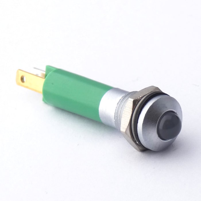 190A2351 This CML Innovative Technologies 190A2351 is a green LED prominent panel mount indicator with tab termination. It features an IP67 rating and requires an 8mm mounting hole.