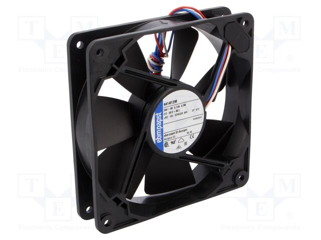 4414F/2M The Ebm-Papst 4414F/2M is a 24VDC tubeaxial fan with a 119mm square frame, 25.4mm thickness, and ball bearing system. It delivers 2400 RPM with a noise level of 55 dB(A) and includes a tachometer output for speed monitoring.