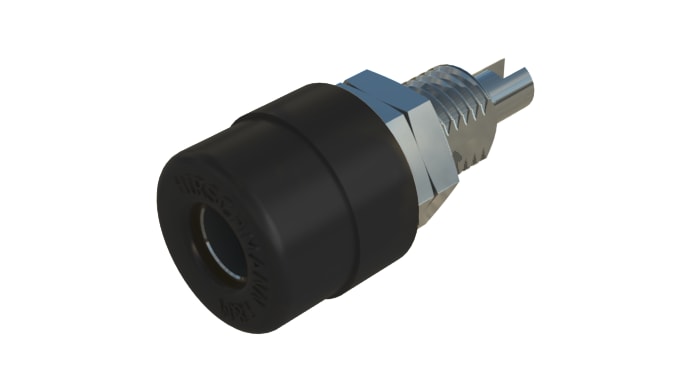 738-474 This Hirschmann 738-474 is a black female banana socket with a 4mm connector size and solder termination. It is rated for 32A and 60V dc.