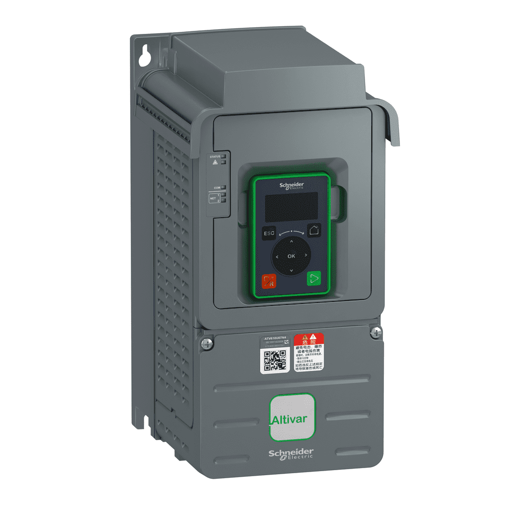 ATV610U07N4 The Schneider Electric ATV610U07N4 is a variable speed drive designed for asynchronous motors. It offers 0.75 kW (1 HP) normal duty motor power and operates on a 380-460V supply with IP20 protection.