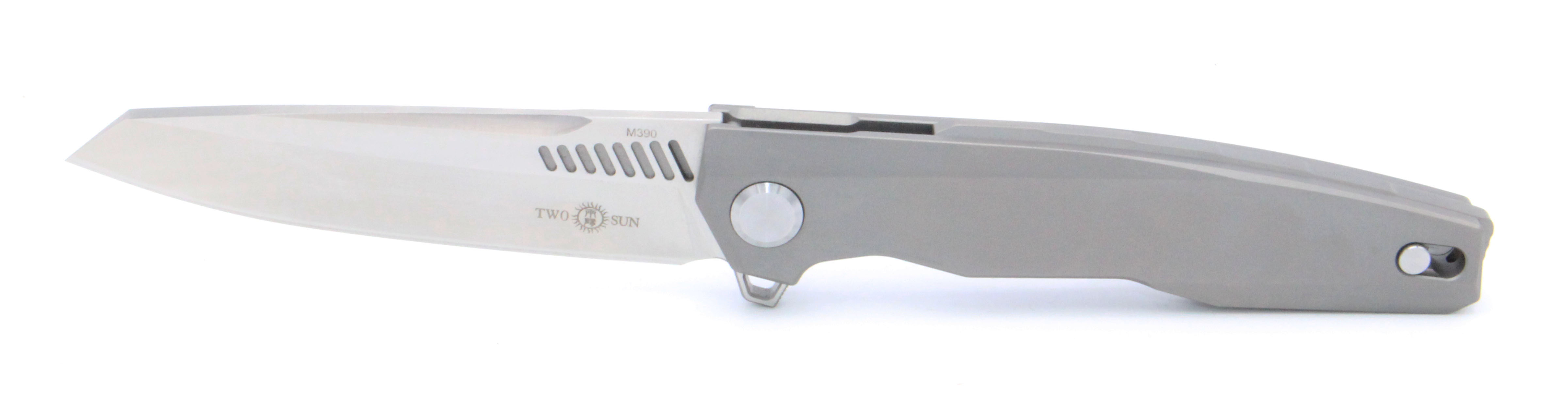 TS88 The TwoSun TS88 is a folding knife with a plain M390 blade and a gray titanium alloy handle. It features a frame lock mechanism.