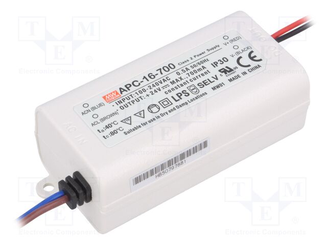 APC-16-700 Mean Well USA APC-16-700 is a constant current LED driver providing 700mA output at 90VAC nominal input, with 17W power and IP42 rating.