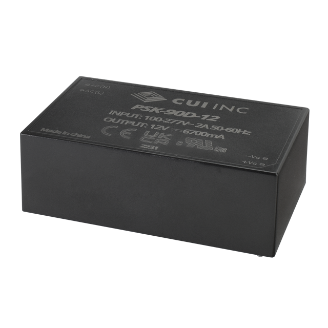 PSK-90D-12 The CUI Inc. PSK-90D-12 is an 80.4W AC-DC converter with an input voltage range of 85-305 VAC. It features a single output and is designed for Through Hole mounting.
