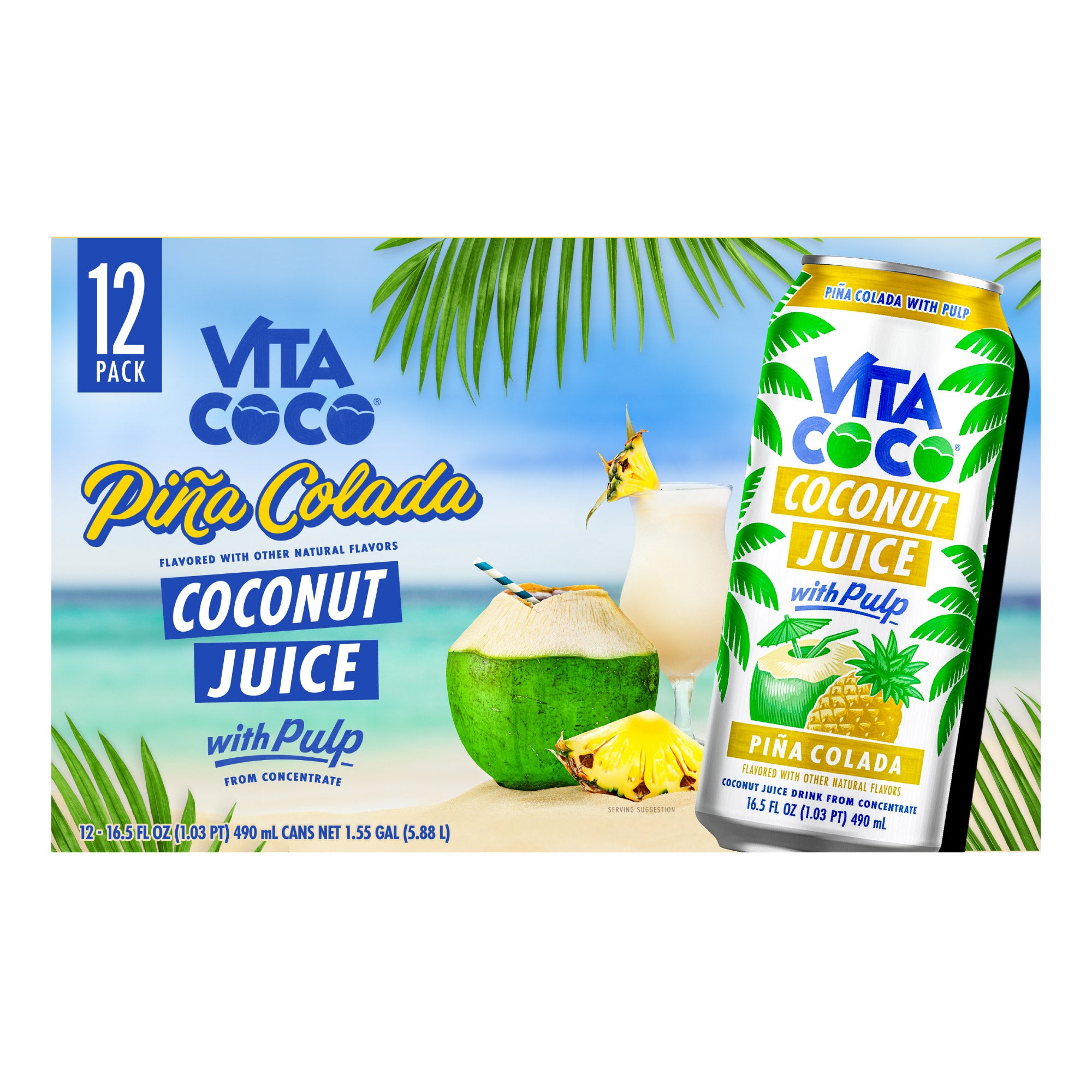 1897942 Vita Coco Pina Colada Coconut Juice is a refreshing beverage made with real coconut water and natural pineapple flavor. It comes in a 12-pack of 16.5 fl oz cans.