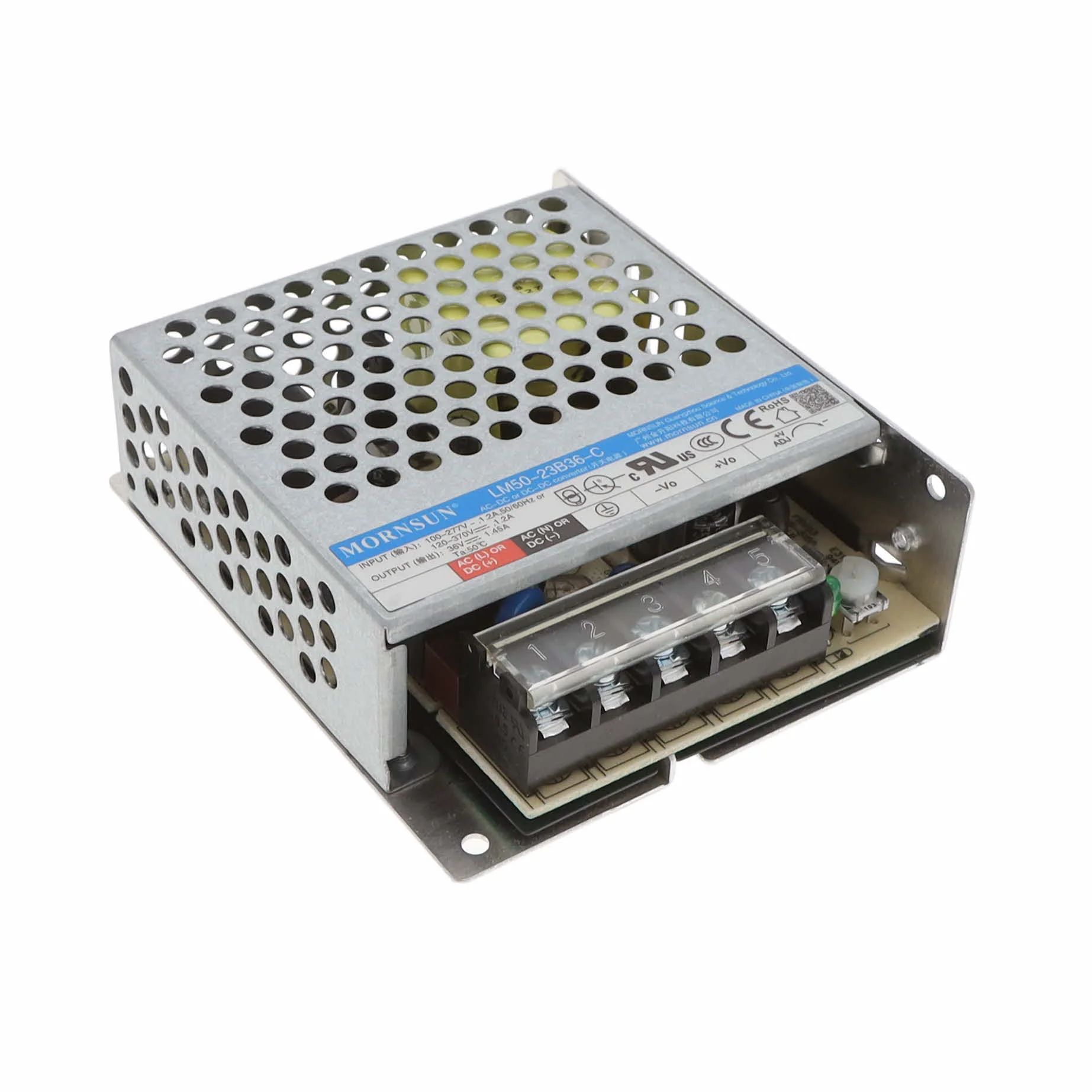 LM50-23B36-C The Mornsun America, LLC LM50-23B36-C is an enclosed AC/DC converter with a 36V output and 52W power rating. It offers 89% efficiency and universal input.