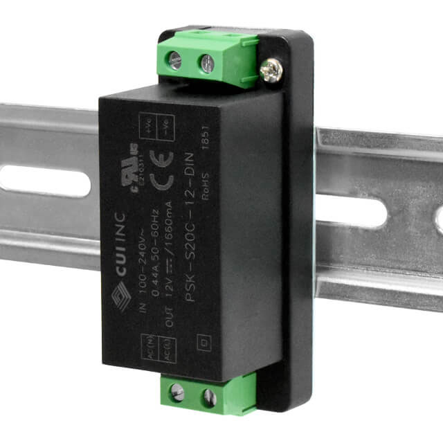 PSK-S20C-12 The CUI Inc. PSK-S20C-12-DIN is a 20W AC/DC DIN Rail Power Supply with a 12V output. It operates from 85-264 VAC input and provides 1.66A current.