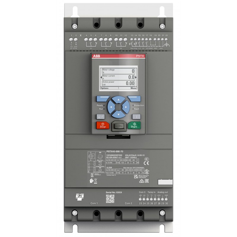 1SFA898205R7000 The ABB 1SFA898205R7000 is a soft starter with a rated operational current of 45A and an operational voltage range of 208-690V AC. It offers integrated electronic overload protection and adjustable start parameters.