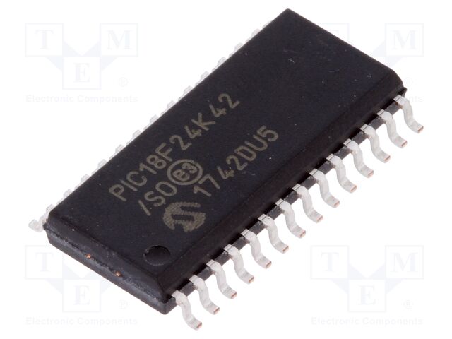 PIC18F24K42-I/SO The Microchip Technology PIC18F24K42-I/SO is an 8-bit PIC microcontroller featuring 16KB of Flash program memory and a 64MHz clock speed. It is supplied in a 28-SOIC package.
