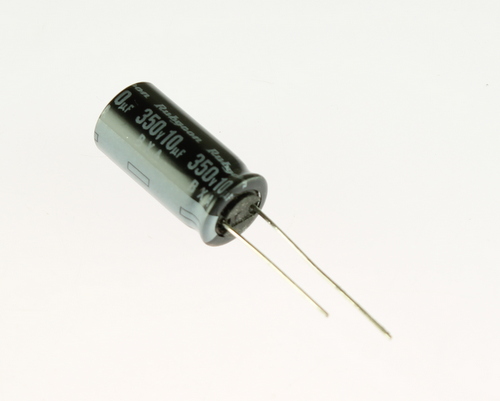 350BXA10M-P21-T8-10X20 This Rubycon 350BXA10M-P21-T8-10X20 is a radial aluminum electrolytic capacitor with a capacitance of 10uF and a voltage rating of 350VDC.