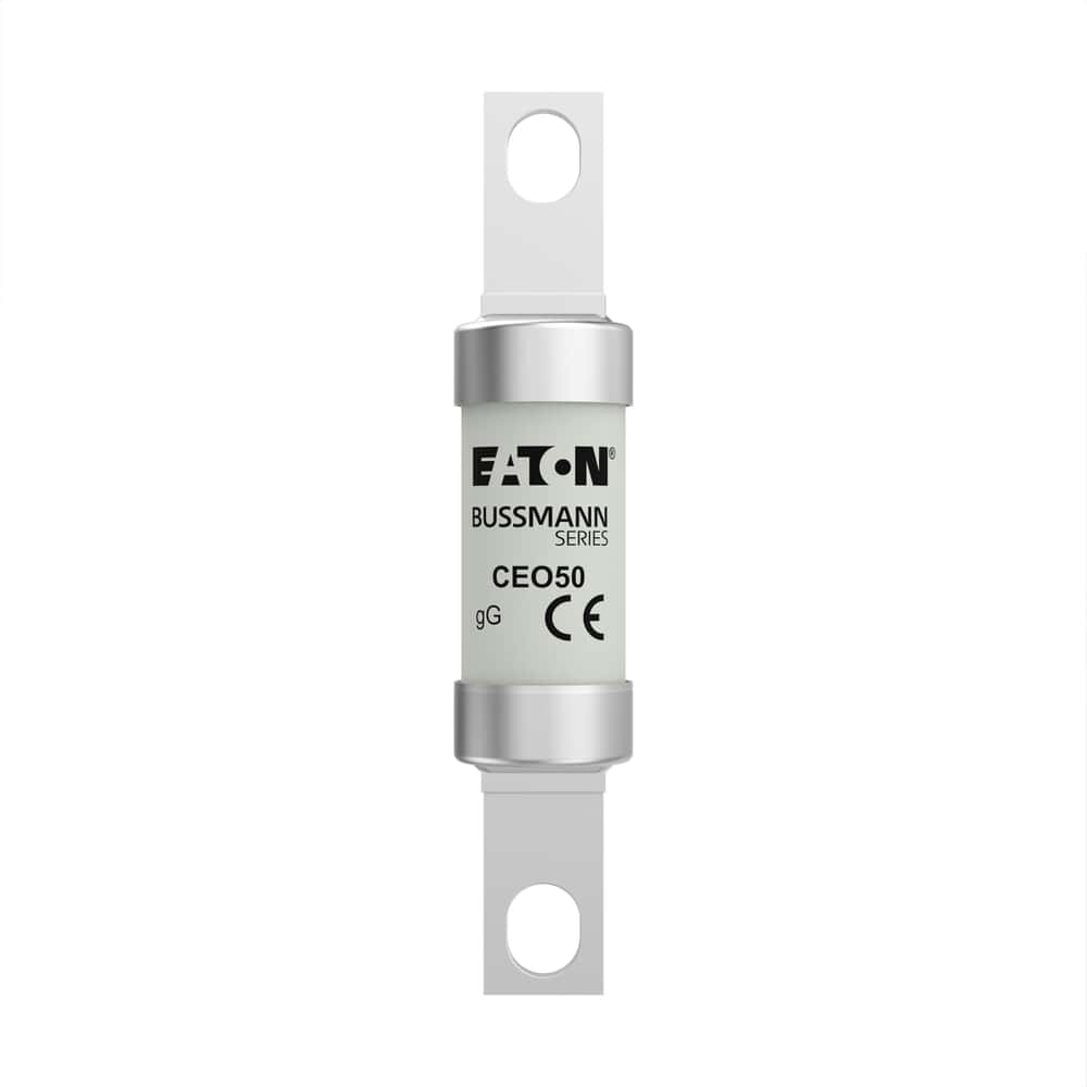 CEO50 Cartridge fuse rated 50A at 550VAC with 80kA breaking capacity. Bolt mount package with blade terminals.