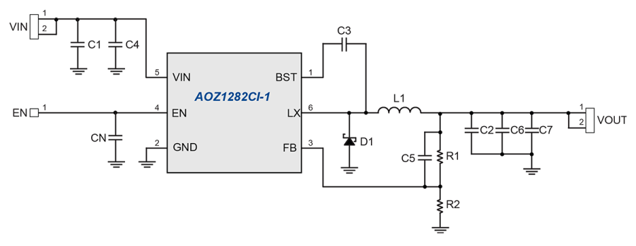 AOZ1282CI-1 The AOS AOZ1282CI-1 is a 600mA EZBuck™ simple buck regulator. It operates from a 4.5V to 36V input voltage range and provides an adjustable output voltage down to 0.8V.