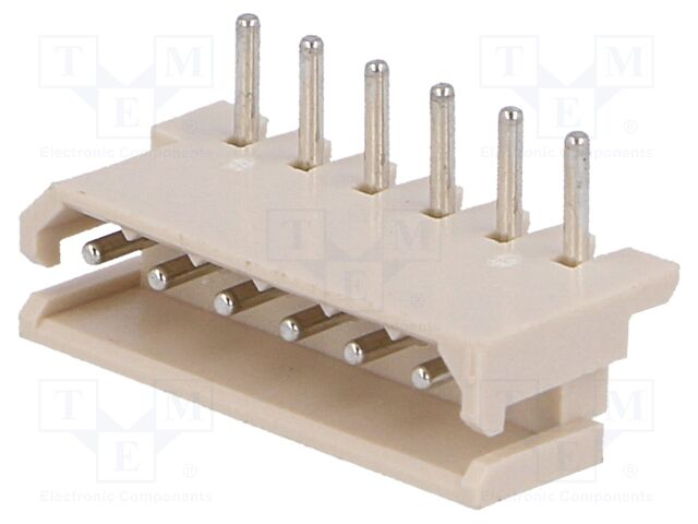 22057065 The Molex 22-05-7065 is a wire-to-board connector socket with 6 male positions. It features a right-angle orientation and a 2.5mm contact pitch.