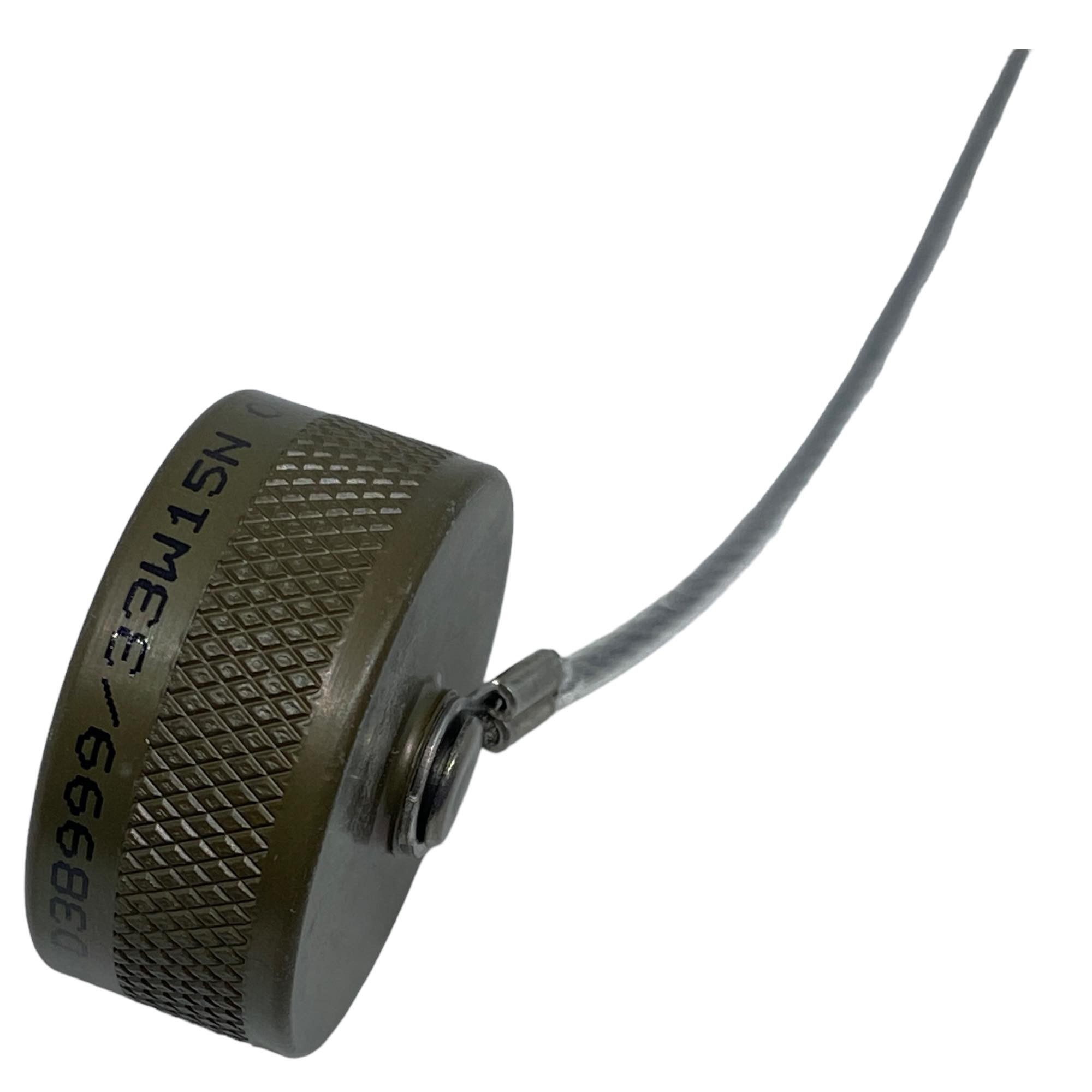D38999/33W15N Protective cap for MIL-DTL-38999 Series III receptacles. Shell size 15, olive aluminum alloy, environment resistant with strap and ring.