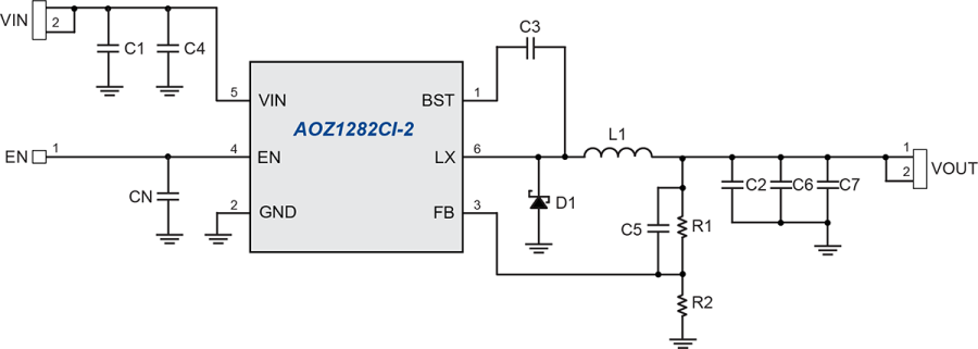 AOZ1282CI The AOZ1282CI from Alpha Components is a 1.2A simple buck regulator. It operates from a 4.5V to 36V input and provides an adjustable output voltage down to 0.8V.