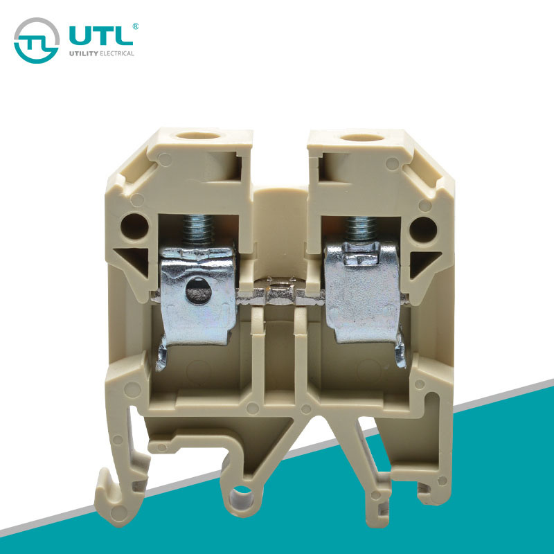 uslkg4 This UTL JUT2-10 terminal block is designed for DIN rail mounting with a screw clamp connection. It offers a high voltage rating of 800V and a current rating of 57A.