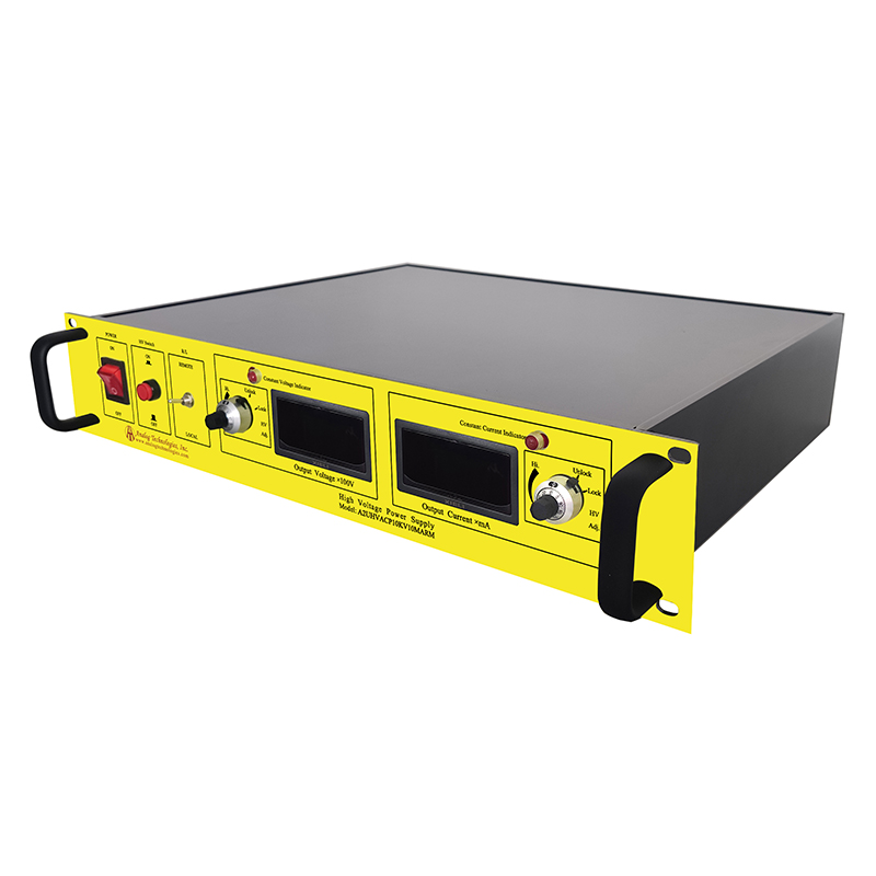 A2UHVACP10KV10MARM The Analog Technologies A2UHVACP10MARM is a rack-mountable AC-DC high voltage power supply. It offers an adjustable output up to 10 kV DC with a regulated current of 10 mA and 75% efficiency.